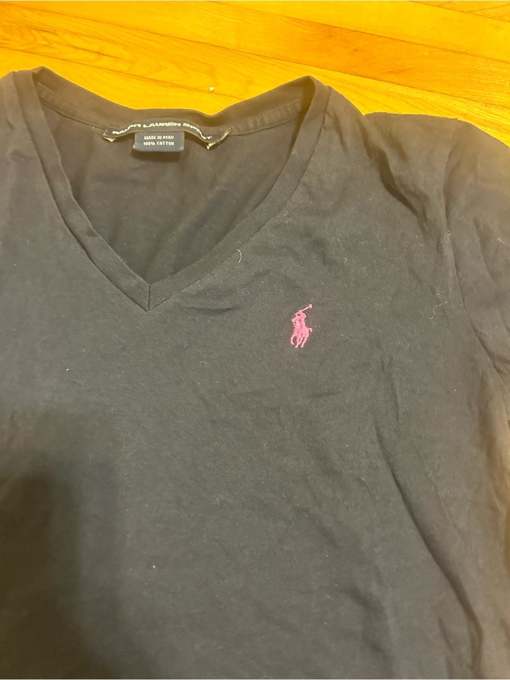 Ralph Lauren Navy V-Neck Tee with Pink Polo Logo - Picture 2 of 3